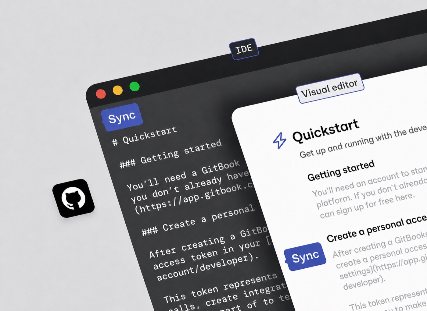 GitHub の Markdown と編集画面が双方向に同期する様子